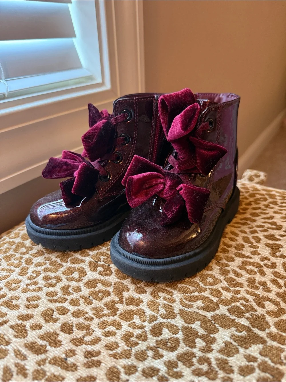 Girls Burgundy Velvet Bow Combat Boots - Kids Shoes